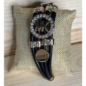 Michael Kors Black Braided Leather Bracelet Clear Rhinestones